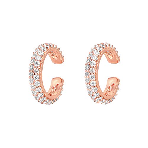 PAVOI 14K Rose Gold Plated 925 Sterling Silver 1.3mm Staggered Cubic Zirconia Sparkling Round Huggie Ear Cuff Gold Earrings for Women | Clip On Cartilage