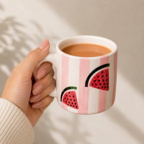 Image of Niyara Stoneware Handmade Premium Ceramic Tea Cups and Coffee Mugs Set of 2 (Watermelon Printed)