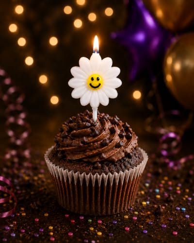 Image of Smiley Flower Birthday Candles for Cake Decoration, Pack of 5, Flower Shape Decorative Cake Candles, Natural Wax Party Candles for Birthday, Anniversary, Baby Shower & Celebration (White)