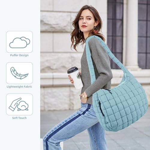 Image of Quilted Tote Bag Hobo Bags for Women Slouchy Tote Bag Puffy Crossbody Bags Light Blue