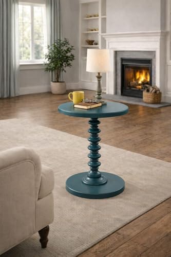 Image of Kundi Round Coffee End Table for Living Room - Modern Brown Accent Pedestal Side Table for Bedroom & Home Decor (Blue)