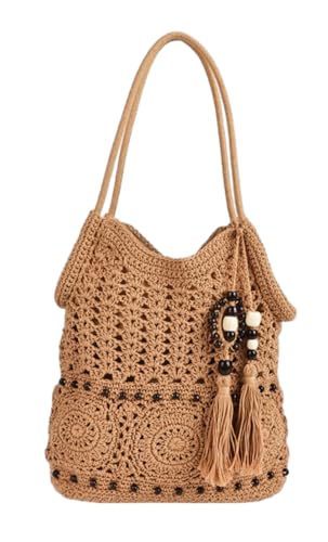 Crochet Hobo Bag for Women Boho Woven Beach Tote Handbags Bohemian Shoulder Purse with Tassels Summer Vacation