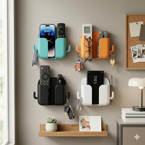 Image of 1 Pcs Mobile Holder for Home - Self-Adhesive Phone Charging Holder with Dual Hooks, Ideal for Bathroom, Kitchen, Bedroom, Office - Reusable ABS Build HMH-1 Multicolor