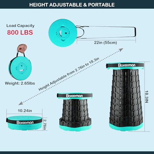 Image of Boreeman 2026 Upgraded Collapsible Stool Lightweight Yet Sturdy with Load Capacity 800lbs Portable Folding Stool for Camping Fishing Hiking BBQ (Turquoise)