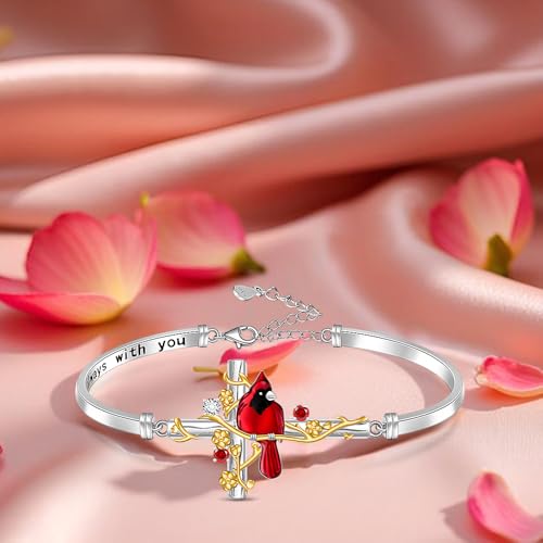 Cardinal Bracelet Red Cardinal Gifts for Women 925 Sterling Silver Cross Cardinal Bangle Bracelet Birds Charm Memorial Jewelry4