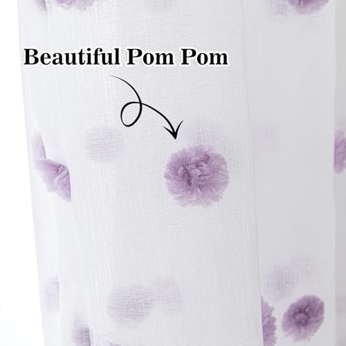 Image of MYSKY HOME Purple Pom Pom White Sheer Curtains for Bedroom 72 Inch 2 Panels | for Girls Room Baby Nursery, for Closet Doorway, Light Filtering, Rod Pocket, Semi Sheer White Window Drapes, 50 x 72 inch