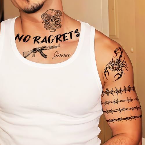 Image of 5 Sheets NO RAGRETS Tattoos Halloween Temporary Tattoos For Men Women Adults White Trash Bash Party Accessories, Redneck Tramp Stamp Fake Barbed Wire Tattoos Spider Skull Sticker Halloween Costume