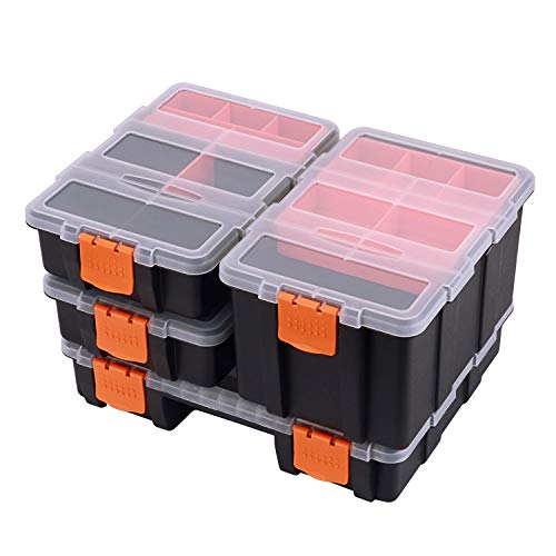 CASOMAN Hardware & Parts Organizers, 4 Piece Set Toolbox, Compartment Small Parts Organizer, Versatile and Durable Storage Tool Box 4 Piece Set, Black/Orange
