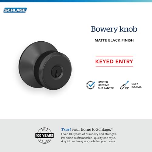 Image of Schlage F51A BWE 622 Bowery Door Knob, Keyed Entry Lock, Matte Black