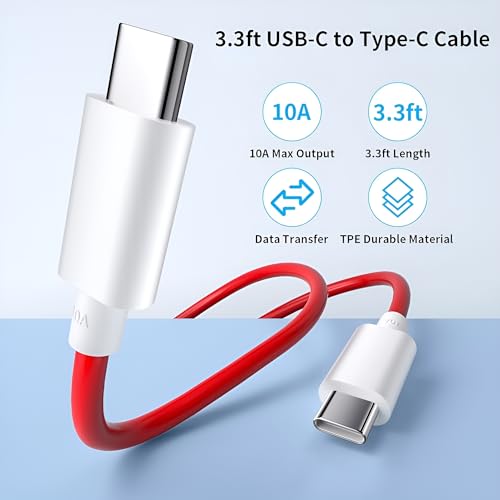 Image of Hoerrye Oneplus Original 65W Type C To C Warp /Dash /Supervooc Fast Charging Cable Compatible With One Plus 12,12R,11,11R,10,10 Pro,10T,9,9R,9Rt 5G,8,8 Pro,Nord,Ce 2 Lite 5G,3.3Ft Usb C Type Cable-Red