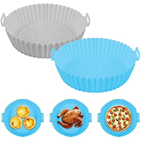 Fingertoys Pack of 2 Air Fryer Silicone Pot, Universal Hot Air Fryer Baking Tray Reusable Non-Stick Air Fryer Silicone Liners Air Fryer Accessories (8 Inches) (Blue) Cover