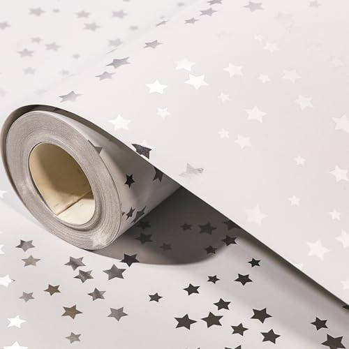 Silver Wrapping Paper Roll 43cm x 10m Shiny Metallic Gift Wrapping Paper Silver Stars Gift Wrap for Birthday Party Wedding Baby Shower Holiday Christmas