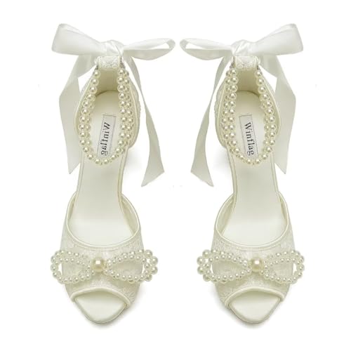 Image of Lace Pearl Wedding Shoes for Bride High Heel Bridal Shoes Peep Toe Platform Wedding Heels
