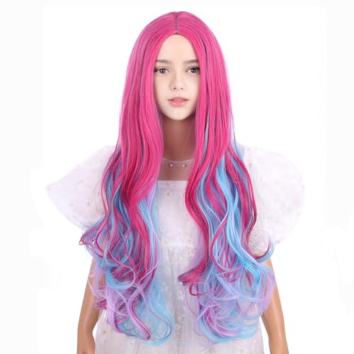 Image of Multi-color Wig for Children Long Rainbow Middle Part Wig for Girls Kids Long Blue Pink Wavy Curly Wig Colorful Wig Heat Resistant Synthetic Wig with Wig Cap