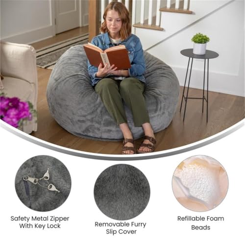 Pemberly Row Oversized Gray Furry Bean Bag Chair, 42"x42"x19", Cotton Twill Upholstery, Lightweight Refillable Polyester Beads, Machine Washable Slipcover, Modern Floor Seating for All Ages - Image 9