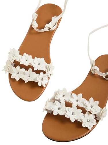 GORGLITTER Women's Flower Lace Up Sandals Floral Open Toe Strappy Tie Up Flat Sandals4