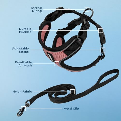 Image of Voyager Escape-Proof Step-in Lock Cat Harness & 5ft Neoprene-Handle Leash Set All-Weather Mesh with Reflective Stitching for Small to Large Cats by Best Pet Supplies, Pink /Black Trim, S