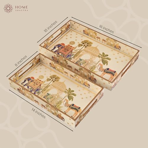 Image of Wooden Serving Tray with Gold Engraving | Set of 2 | Size : 16 x 10 inch & 14 x 8 inch | Enamel Coated Waterproof | Rectangular | Decorative Trays | Royal Camel Large & Medium