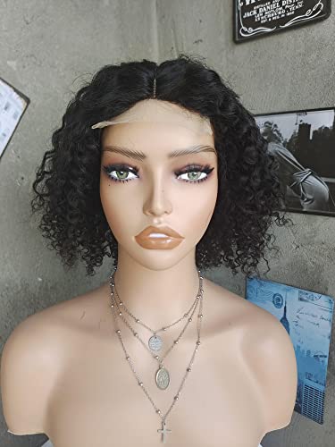 Luovce Lace Front Wig Human Hair Wigs for Women Kinky Curly Wig Middle Part Peruvian Hair 4X4 Lace Wig 10 inches Natural Color