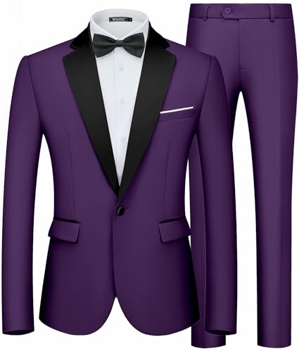 WULFUL Mens 2 Piece Slim Fit Suit Set One Button Blazer Jacket Pants Tuxedo Set for Prom Wedding and Business Purple