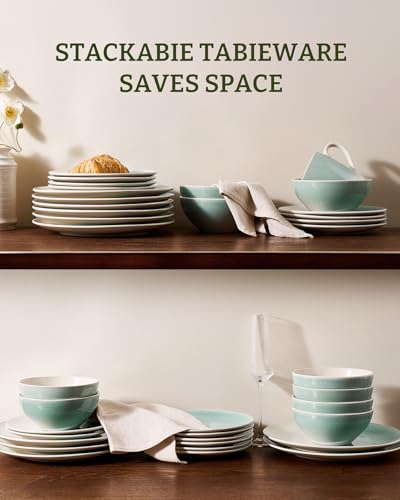 Image of Famiware Glacier Stoneware Dinnerware Sets, 12-Piece Plates and Bowls Set for 4, Reactive Glaze Dishes, Everyday & Formal Use, Dishwasher /Microwave Safe, Chip /Scratch Resistant, Two-Color Glazed, Aqua