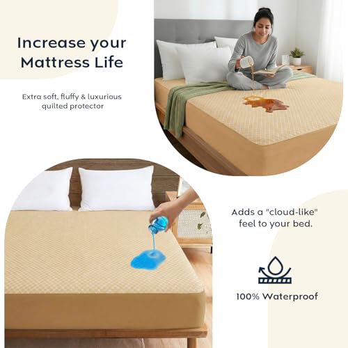Image of Ayka 100% Waterproof Knitted Mattress Protector King Size Breathable Hypoallergenic Noiseless Ultra Soft Fitted Bed Protector 72x72 inch Mattress /Bed Cover (King 72 * 72 inch, Beige)