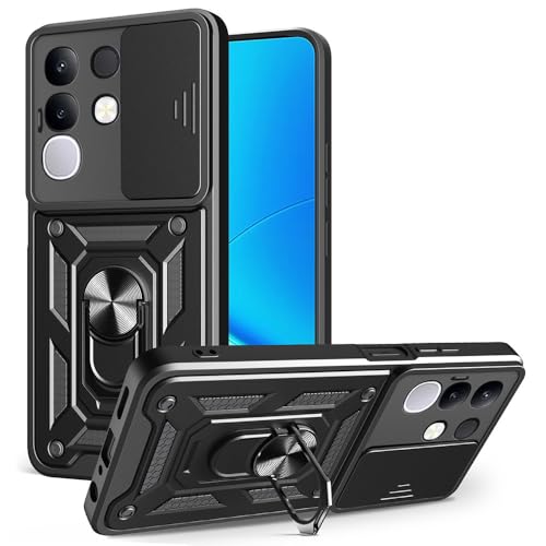 Image of Heavy Duty Back Case Cover for Vivo T4X /iQoo Z10X 5G, Shockproof Vivo T4X /iQoo Z10X Back Cover, Ring Case with Kickstand and Camera Protection Shutter - Black
