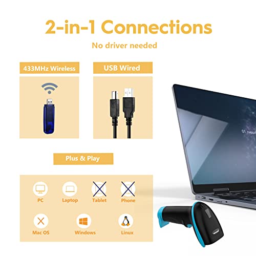 Image of NADAMOO Wireless Barcode Scanner 328 Feet Transmission Distance USB Cordless 1D Laser Automatic Barcode Reader Handhold Bar Code Scanner with USB Receiver for Store, Supermarket, Warehouse - Blue