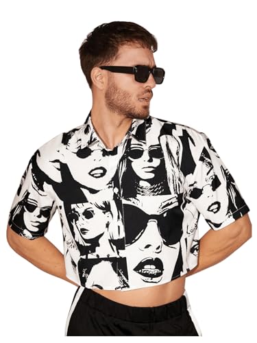 WDIRARA Men's Figure Graphic Shirt Short Sleeve Button Down Shirts Crop Top Streetwear