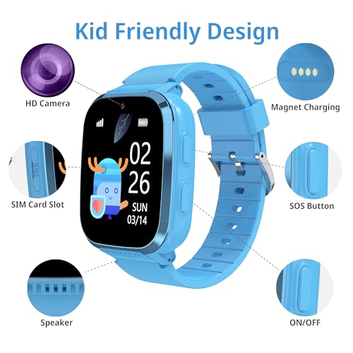 Image of 4G Kids Smart Watch with GPS Tracker & Video Calling Texting Kids Smart Watch Boys Age 5-12, 12 /24 Hr SOS Call Voice Chat Alarm Clock Camera Pedometer Sport Mode Boys Gifts (Blue)