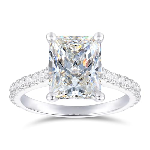 14K Gold Moissanite Engagement Rings 4 Carat 8x10mm Radiant Cut Moissanite Rings 14K White Gold Radiant Cut Engagement Ring for Women