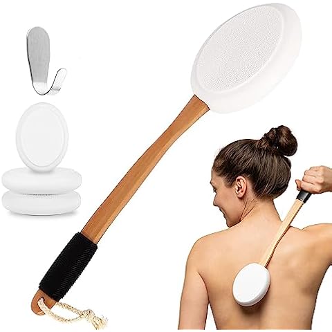 Yoove Lotion Applicator for Back | 17" Long Handle Back Lotion Applicator | Easy Reach Self Application for Body Cream, Self Tanning, Pain Relief Gels & Medical Ointments | Includes 4 Textured Pads Cover