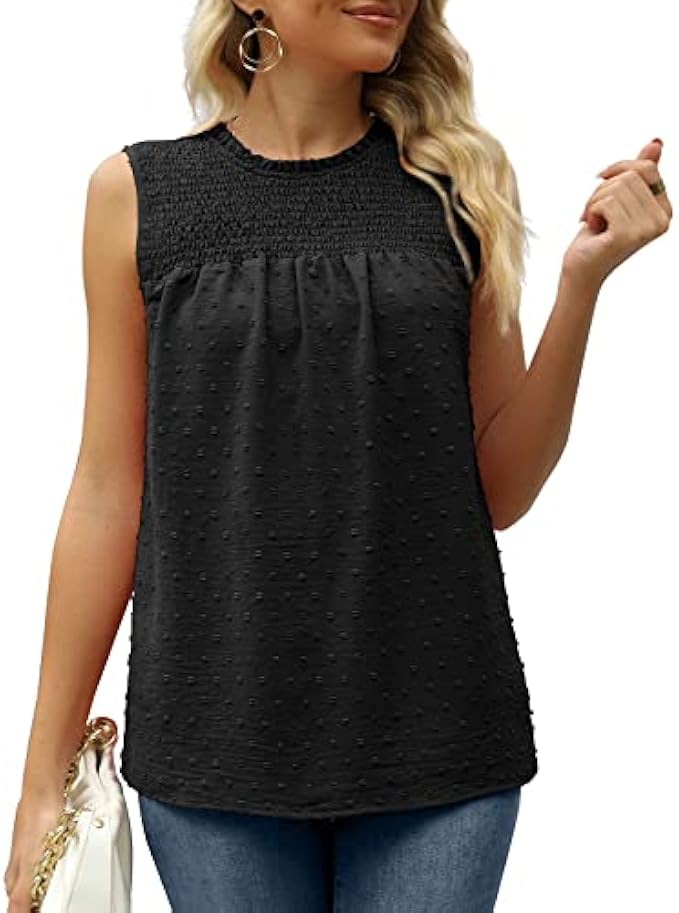 WEESO Womens Ruffle Neck Tank Tops Pleated Sleeveless Chiffon Blouses Swiss Dot