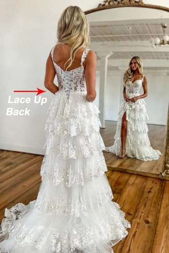 Xijun Sparkly Tiered Lace Tulle Prom Dresses Long 2025 Spaghetti Straps Corset Slit Formal Evening Gowns3