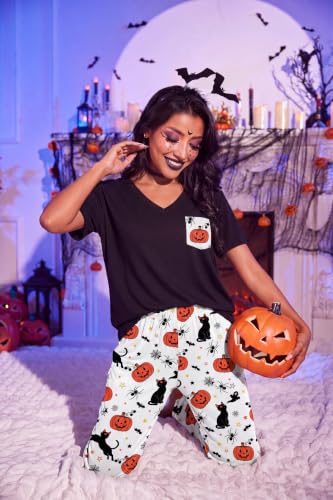 Image of Ekouaer Pajama Sets for Women 2 Piece Short Sleeve Pj V Neck Chest Pocket | Ladies Pajama Sets with Printed Long Pants, Soft Matching Pj Sleepwear, Casual Loose Fall Loungewear, S-XXL
