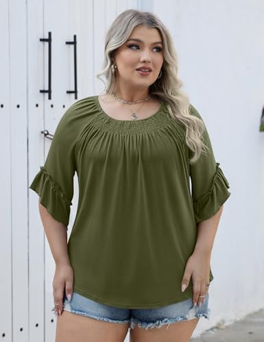Image of Micoson Womens Plus Size Tops 3 /4 Ruffle Sleeve Crewneck Pleated Shirts
