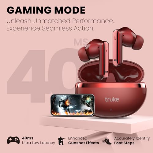 Image of truke Q1 Lite True Wireless in Ear Earbuds, 48H Playtime Ear Buds, Crystal-Clear Calls, Fast Charging, Elegant Royal Design, Bluetooth 5.4, Noise Cancellation, Gaming Mode (Rose Red)