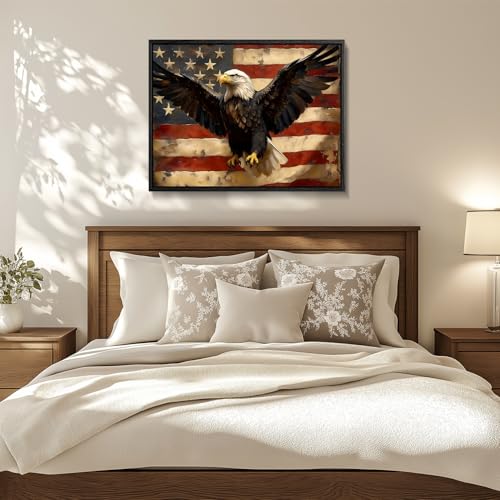 Image of American Flag Framed Canvas Wall Art, 4th of July Red White Blue Canvas Prints, USA Flag with Bald Eagle Patriotic Decorations, Vintage Independence Day Wall Decor for Bedroom Living Room 20x24