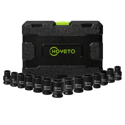 14 Piece 1/2 Drive Impact Socket Set - Metric Shallow 6-Point Sockets with Heavy Duty Storage Case for Workshop Garage Automotive Repair (10-27mm)