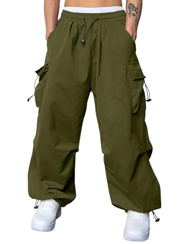 JMIERR Men's Casual Lounge Baggy Sweatpants Cargo Pants Trendy Travel Parachute Pants Loose Fit Harem Joggers with Pockets for Early Fall Fashion Essentials Streetwear,S,A6 Moss Green