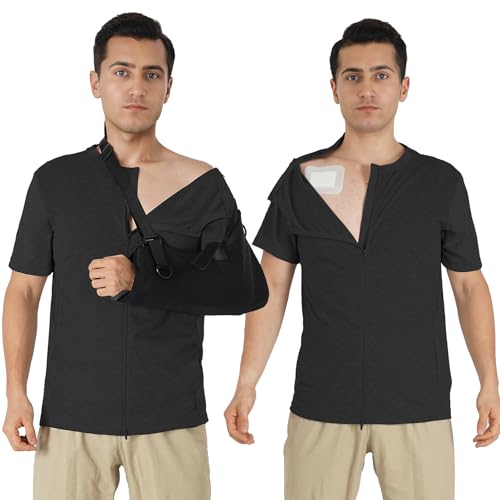 Men's Shoulder Surgery Shirt with One-Hand Zip for Chemo Port Access & Rotator Cuff Recovery & Puppy Flap Short Sleeve