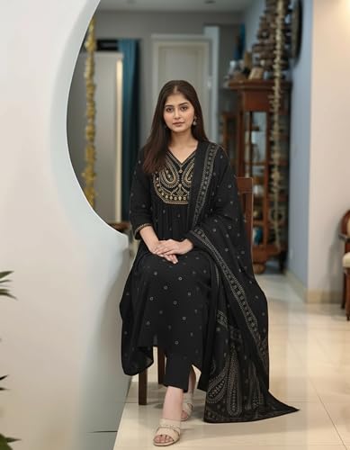Image of ANNI Designer Women's Rayon Viscose Printed Embroidered Anarkali Kurta with Pant & Dupatta | Ethnic Kurti Set with Embroidery | Soft Comfortable Fabric | Stylish Outfit for Festive, Office