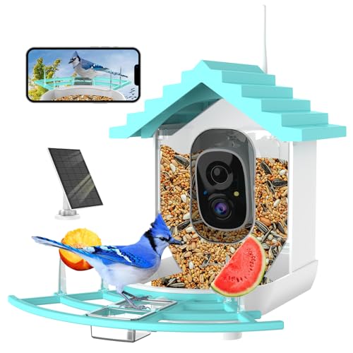 Smart Bird Feeder with Camera, Ai Identify Birds Watching Camera with Solar Powered, FHD Live View, Auto Capture Birds Video in Backyard, Porch, Patio,Ideal Gifts for Family and Bird Lovers, Blue