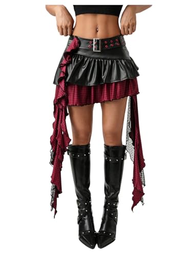 SOLY HUX Women's Plaid Ruffle Mini Skirt Y2k PU Leather Low Rise Layered Asymmetrical Hem Going Out Skirts