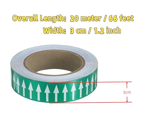 Image of Pipe Flow Arrow Tape Pipeline Arrow Stickers 1.2 Inch x 66 Ft (3cm x 20M) Pipe Identification Marking Arrow Labels with Reflective Strips for Pipe Flow Markers, Green /White