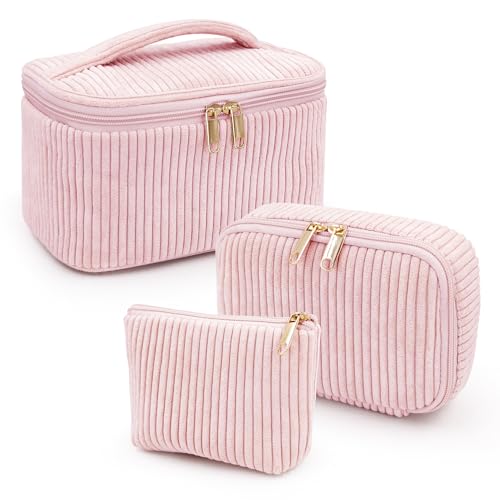 3 Pezzi Borsa da Toilette per Donna Beauty Case da Viaggio Grande Borsa Cosmetica in Morbido Cotone Floreale con Cerniera da Viaggio per Cosmetici da Trucco Portatile (Rosa)