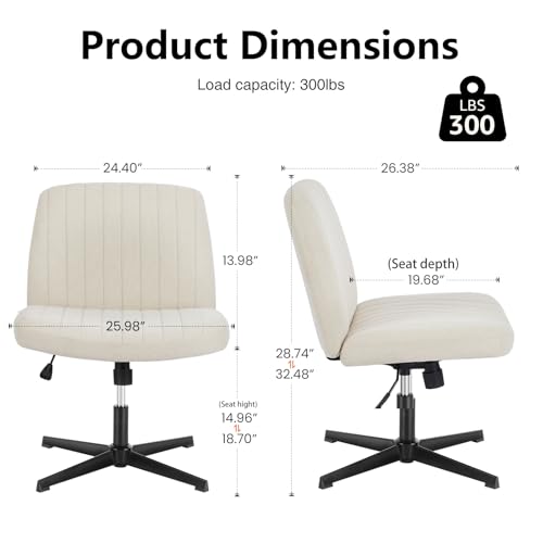 Image of DUMOS Criss Cross Chair No Wheels Legged Office Wide Comfy Desk Vanity Chair, Armless Computer Task Seating, Swivel Home Height Adjustable for Bedroom, Study, Beige Fabric