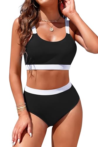 Womens High Waisted Bikini Sets Sporty Crop Top Color Block Swimwear Bandeau Scoop Neck Vintage Two Piece Bathing Suits