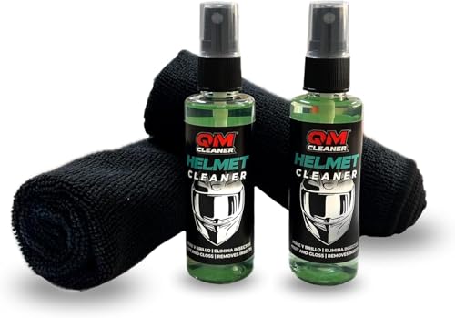 QM Cleaner Kit Limpiador de Cascos Moto exterior | Helmet Cleaner Duo Elimina Insectos y Suciedad de visera y casco mate y brillo, Ideal para Rutas - Formato Viaje Incluye 2 Botes de 60ml y 2 Paños