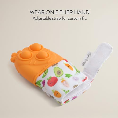 Image of Itzy Ritzy Silicone Teething Mitt - Soothing Infant Teething Mitten with Adjustable Strap, Crinkle Sound & Textured Silicone to Soothe Sore & Swollen Gums - for Ages 3 Months & Up (Carrot)
